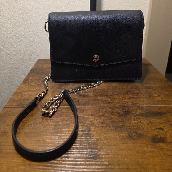 Tory Burch Black Leather Crossbody Wallet with Gold Chain